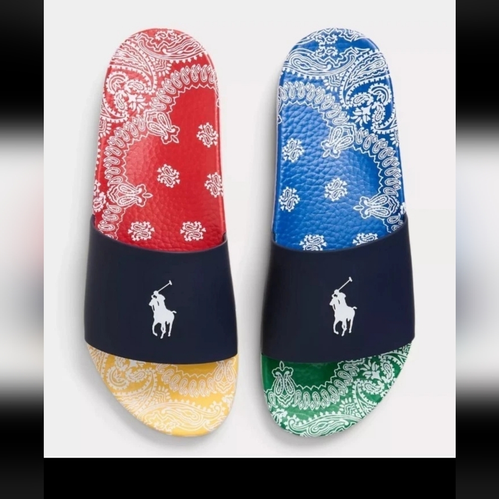 Polo Ralph Lauren Men Color-Block PAISLEY BANDANA BIG PONY Sandal Slides sz 8-13